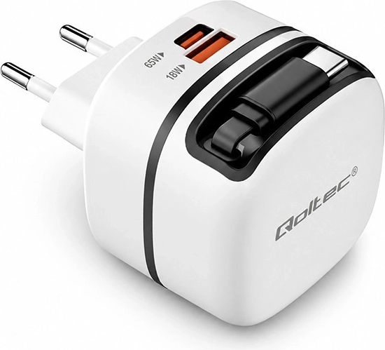 Qoltec GaN mrežni punjač 65 W USB‑C PD PPS s uvlačivim kabelom