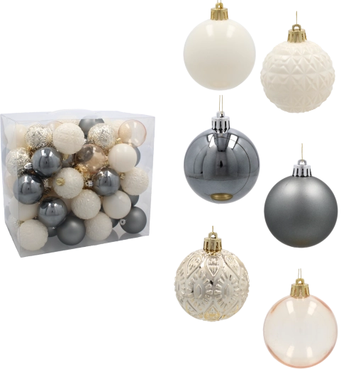 Set božićnih kuglica 6 cm – šampanjac, siva i bijela (66 kom)