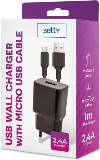 Setty punjač 2,4 A s microUSB kabelom 1 m, crna