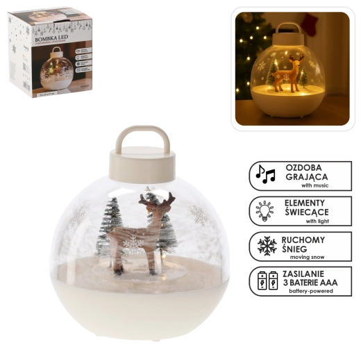 Božićna dekoracija – kućica s jelenom i LED, glazbena, bijela (15 × 15 × 17 cm)