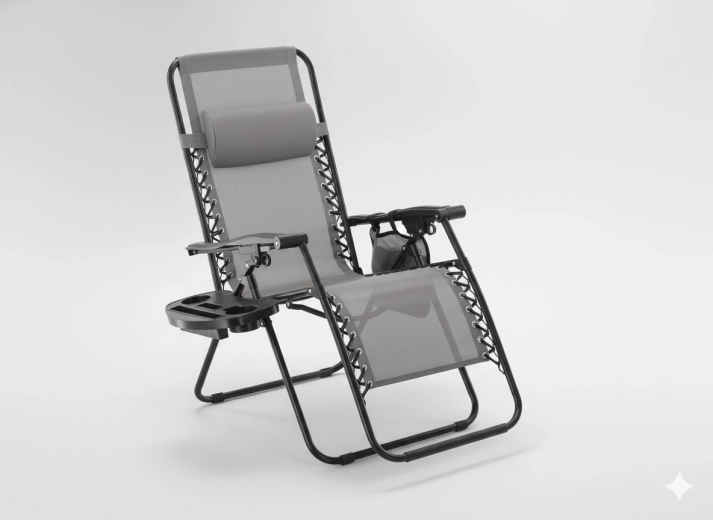 Sklopiva vrtna ležaljka sa stolićem, džepom i jastučićem – siva