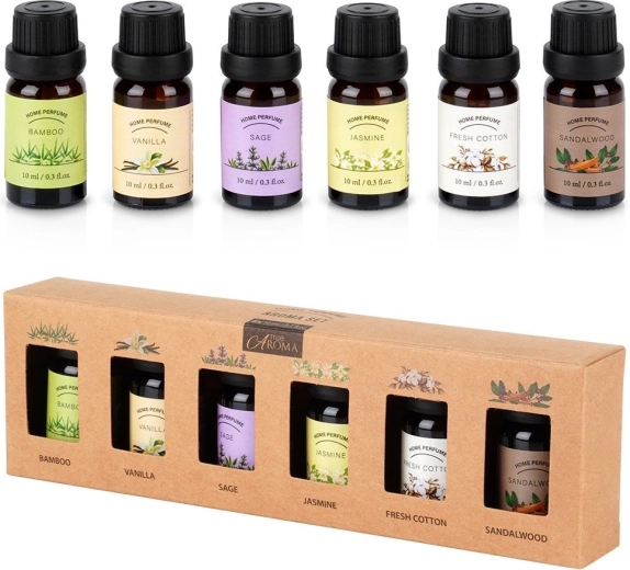 Poklon set eteričnih ulja 6×10 ml – bambus, vanilija, kadulja, jasmin, fresh cotton, sandalovina