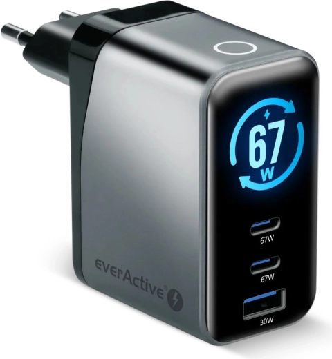 EverActive GaN punjač 67 W s LCD-om (2× USB-C + USB-A)