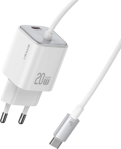 USAMS serija JC 20 W GaN mini punjač 2× USB‑C s integriranim USB‑C kabelom, bijeli