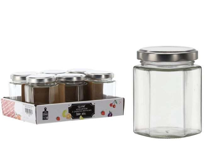 Šesterokutna staklenka 180 ml s metalnim poklopcem