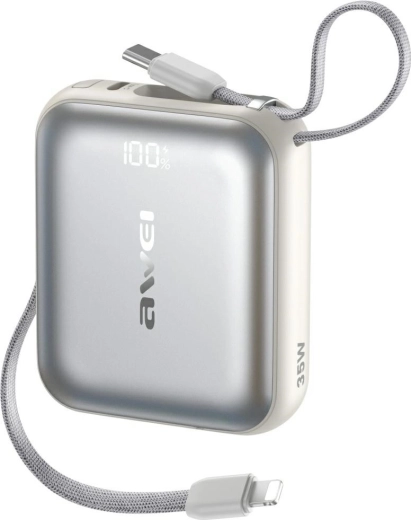 Power banka AWEI AS-181 10000 mAh, 35 W, s ugrađenim Lightning i USB‑C kabelima, srebrna