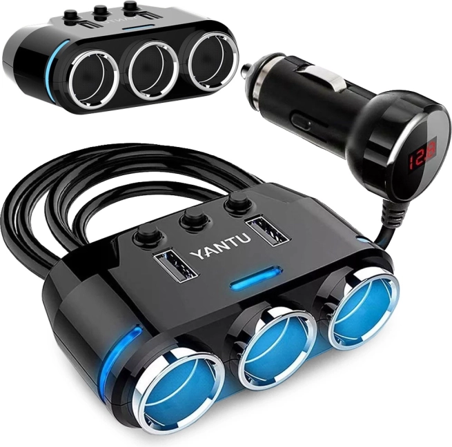 Auto razdjelnik s 3 utičnice upaljača i 2 USB, voltmetar