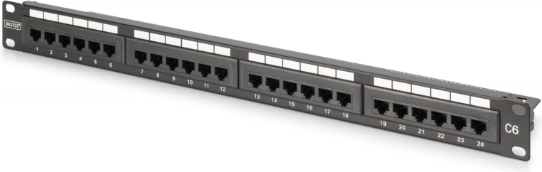 Patch panel 19" 24× RJ45 Cat 6, neoklopljen, 1U, LSA, vođenje kabela, polja za označavanje, crni