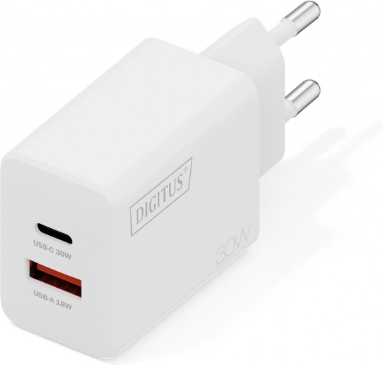 Mrežni USB GaN punjač 30 W, 1× USB‑C i 1× USB‑A, bijela