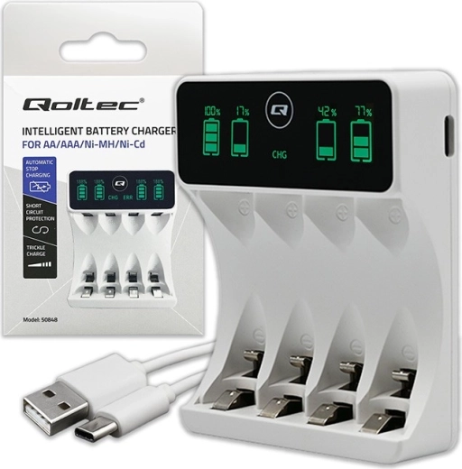 Punjač za Ni-MH AA/AAA baterije s LCD-om i USB‑C kabelom, bijeli
