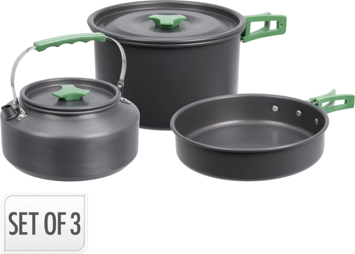 Kamp set posuđa od 3 dijela od aluminija – lonac, čajnik i tava, crna