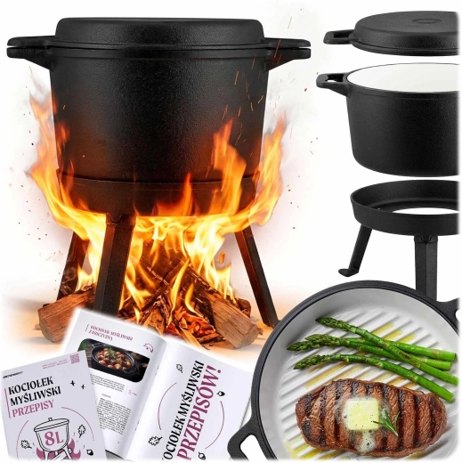 Lijevano željezni emajlirani kotlić 8 l sa stalkom i grill tavom