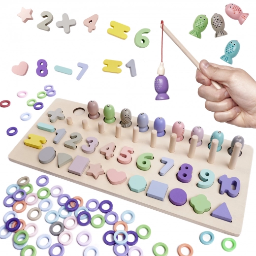 Drvena edukativna igra 2 u 1: sortiranje oblika, abakus i magnetične ribice