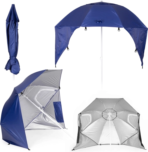 MultiGarden plažni suncobran 2u1 s vjetrobranskim bočnim stijenkama, podesiv 125–200 cm, plavi