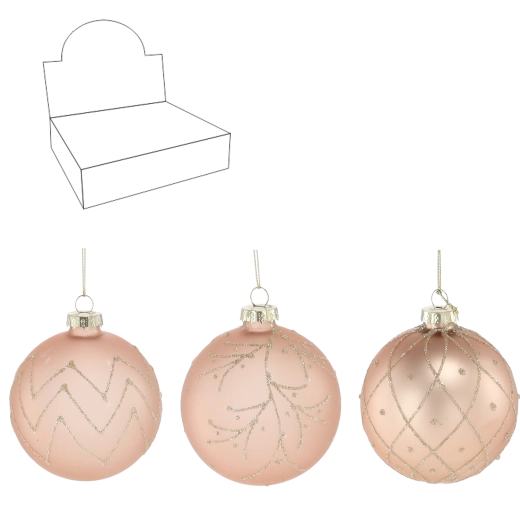 Set staklenih božićnih kuglica 8 cm u bež boji, mješavina uzoraka (12 kom)