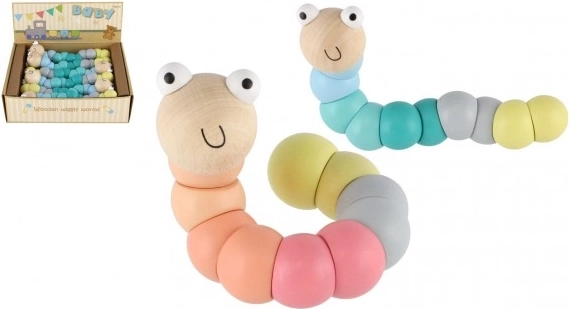 Drveni zglobni crvić/gusjenica 16 cm – pastelne boje, savitljiva igračka za bebe