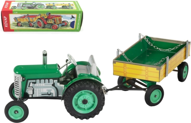 Traktor Zetor s prikolicom na navijanje, metal, 28 cm KOVAP – Zelena