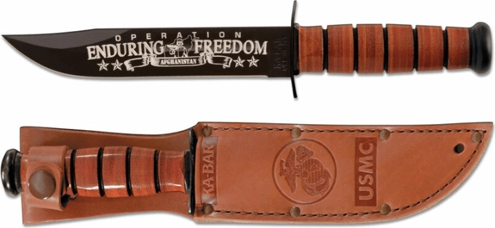 Ka-Bar memorijalni vojni nož U.S.M.C. OEF Afghanistan 17,8 cm, crni, kožnata drška, kožnata futrola