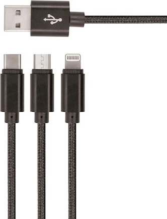 Setty najlonski USB kabel 3-u-1 microUSB, Lightning, USB‑C 1 m – crni