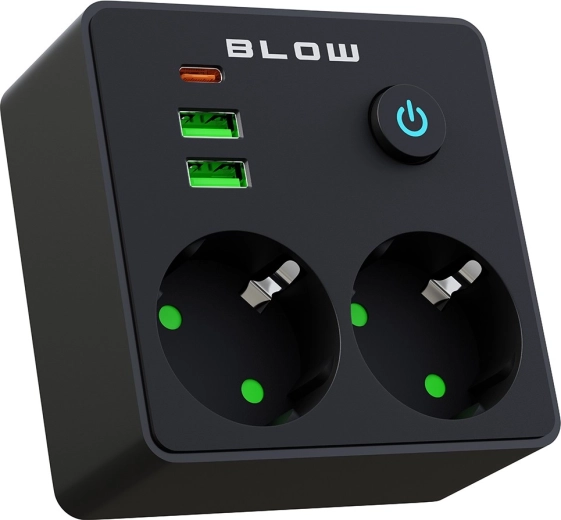 BLOW razdjelnik za utičnicu s 2 utičnice, 2× USB i USB-C, crni