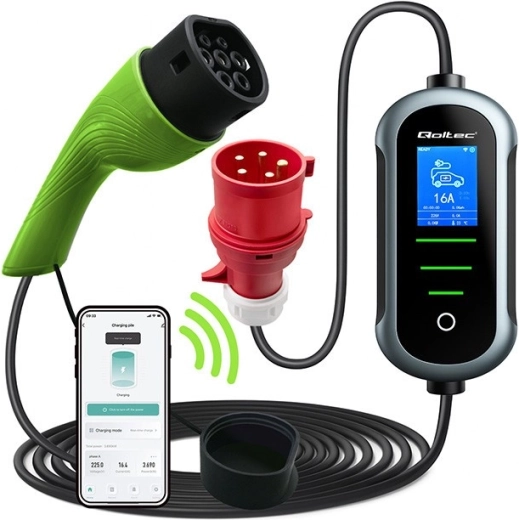 Prijenosni Wi‑Fi punjač za električna vozila Tip 2, 22 kW, 400 V, LCD, 7 m – Qoltec