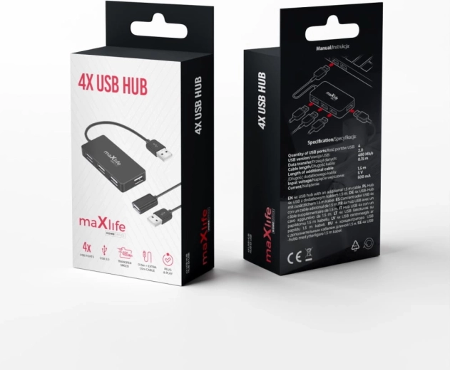 Maxlife kućni ured USB razdjelnik 4× USB 2.0 crni 1,5 m