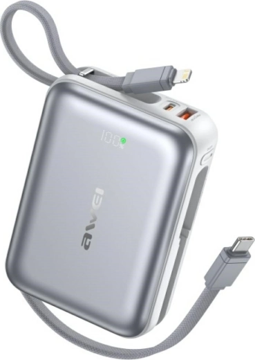 Power banka AWEI 20000 mAh s brzim punjenjem 45 W, USB‑A/USB‑C, ugrađeni kabeli Lightning i USB‑C, srebrna