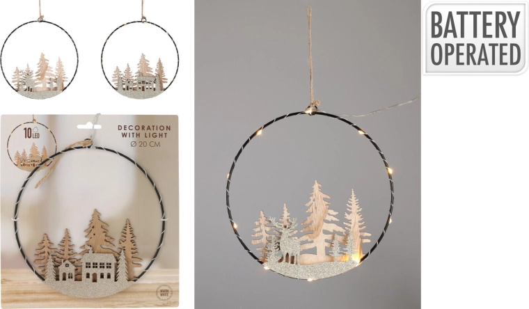 Viseća LED dekoracija krug 20 cm od topolova drva – toplo bijela