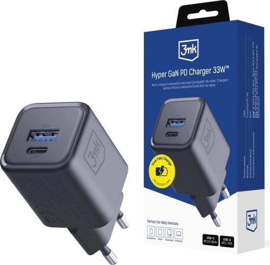 3MK Hyper Charger PD 33W GaN mrežni punjač USB-A i USB-C crni
