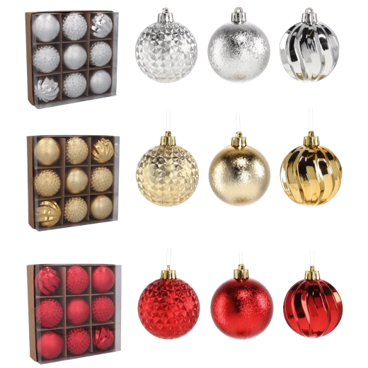 Set božićnih kuglica 6 cm – crvena, zlatna i srebrna (9 kom)