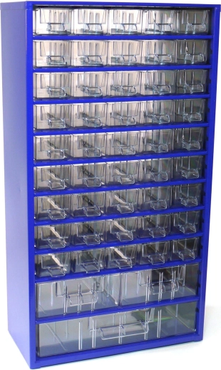 Metalni ormar s ladicama za dijelove TOKOZ, 45 malih + 2 srednje + 1 velika ladica, 30,5 × 55 × 15,5 cm, plava