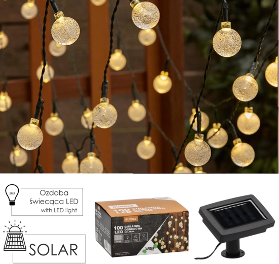 Solarni vrtni svjetleći lanac BUBBLE 100 LED, toplo bijela, 11,9 m