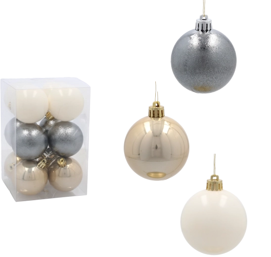 Set od 12 božićnih kuglica 6 cm – šampanj, srebrna i bijela