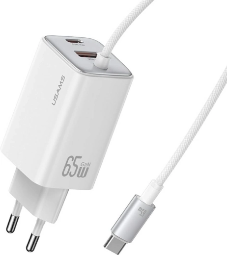 USAMS JC Series 65 W GaN mrežni punjač s integriranim USB‑C kabelom (2× USB‑C, 1× USB‑A), bijeli