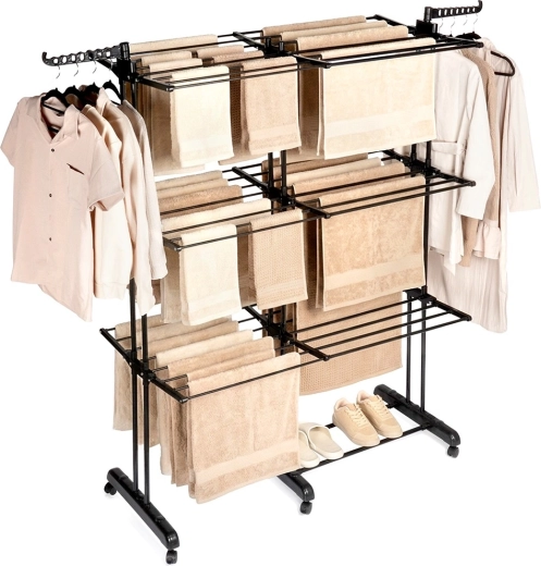 Metalno sklopivi sušilo za rublje XXL, crno, 3 razine, teleskopsko 75–135 × 66 × 180 cm