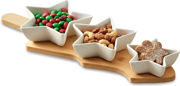 Porculanske zdjelice za grickalice na bambusnoj tacni, set od 4 dijela