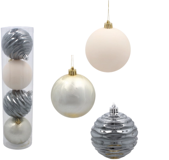 Set božićnih kuglica 8 cm – šampanjac, siva i bijela (plastika, mix površina) 4 kom