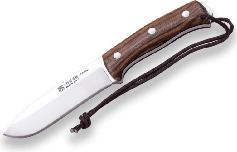 Joker Nomad bushcraft nož s fiksnom oštricom 12,7 cm, drvo oraha, kožna futrola i kresivo
