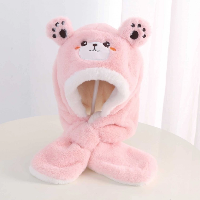 Dječja plišana kapa sa šalom – medo – Svijetloružičasta