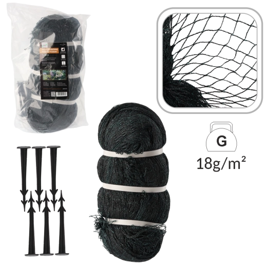Zaštitna mreža protiv ptica 5 × 10 m, 18 g/m² + 10 plastičnih klinova