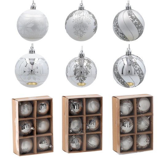 Set od 6 srebrnih božićnih kuglica 7 cm s raznim uzorcima
