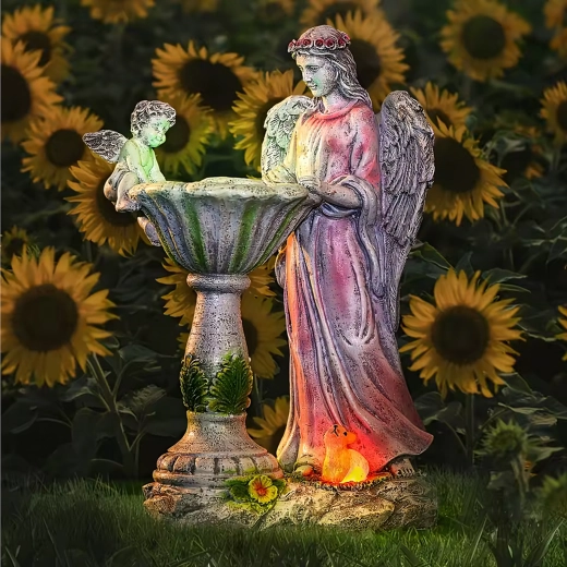 Solarni vrtni anđeo s ptičjom kupkom i RGB LED osvjetljenjem