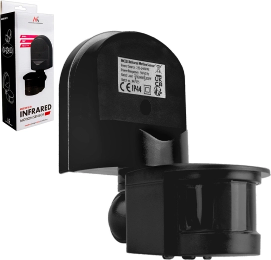 PIR senzor pokreta i sumraka 180° s crnom maskom, doseg 5–12 m, 1200 W, IP44
