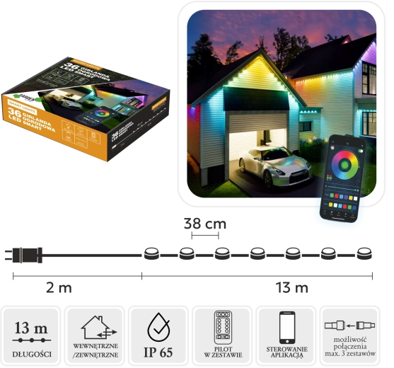 Pametna LED girlanda 36 RGB, višebojna, 15 m, IP65, za unutarnju i vanjsku uporabu