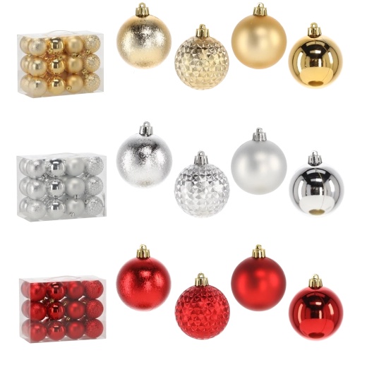 Set božićnih ukrasa 24 kom 6 cm – crvena, zlatna i srebrna, nelomljivo