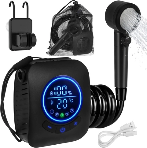 Prijenosni kamping tuš TRIZAND 8000 mAh s pumpom i LED zaslonom, USB, IPX8