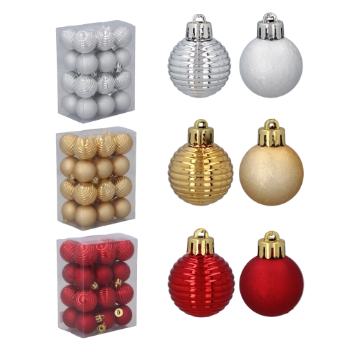 Set božićnih kuglica 3 cm – crvene, zlatne i srebrne (24 kom)