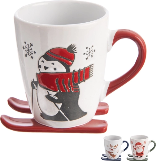 Božićna keramička šalica 330 ml s postoljem u obliku skije, mix motiva