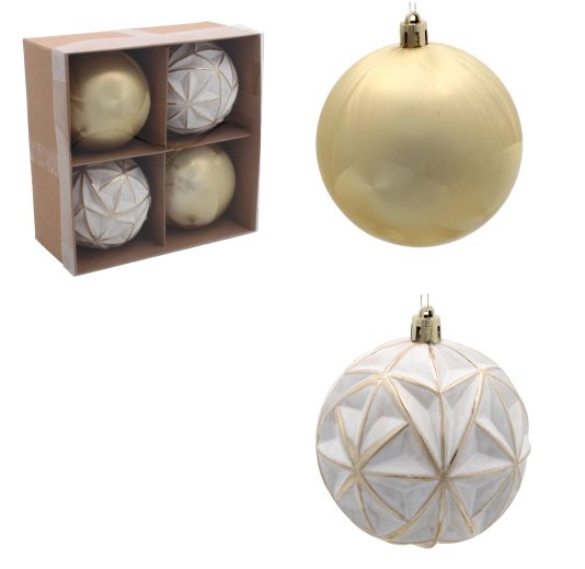 Set božićnih kuglica 8 cm bijelo‑zlatne (4 kom)