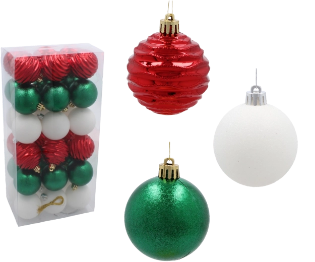 Set od 36 božićnih kuglica 6 cm u crvenoj, zelenoj i bijeloj boji